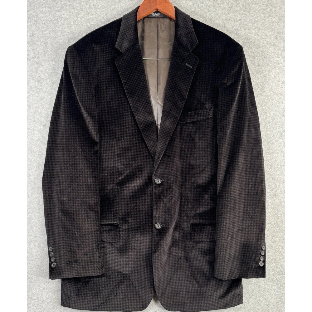 Jones New York Velvet Cotton Blazer Brown Houndstooth 44L Sport Coat